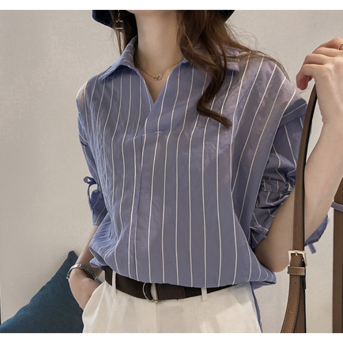 Áo thun Polo ngắn tay họa tiết sọc ngang phong cách Hàn Quốc dành cho nữ