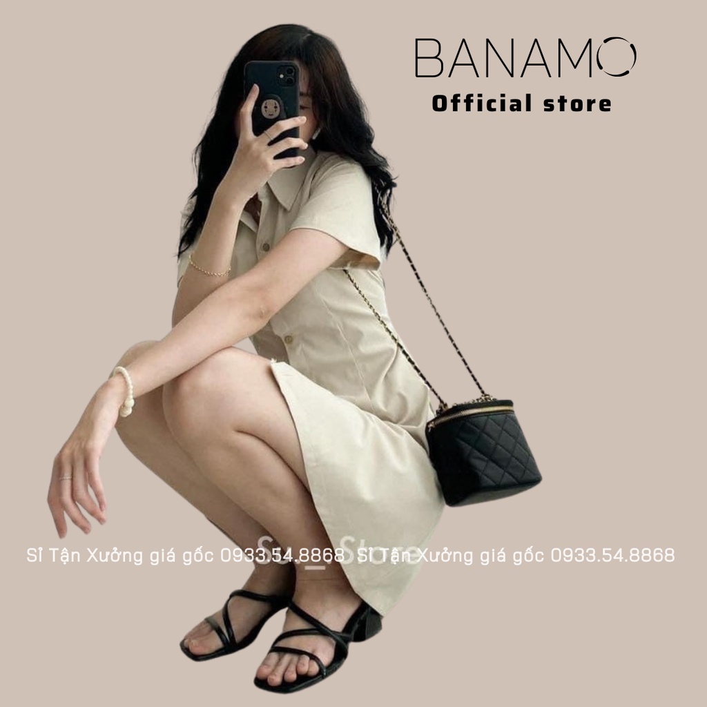 Đầm váy nữ basic Banamo fashion cổ sơ mi cài cúc chiết eo lưng chun cộc tay nhiều màu 5915