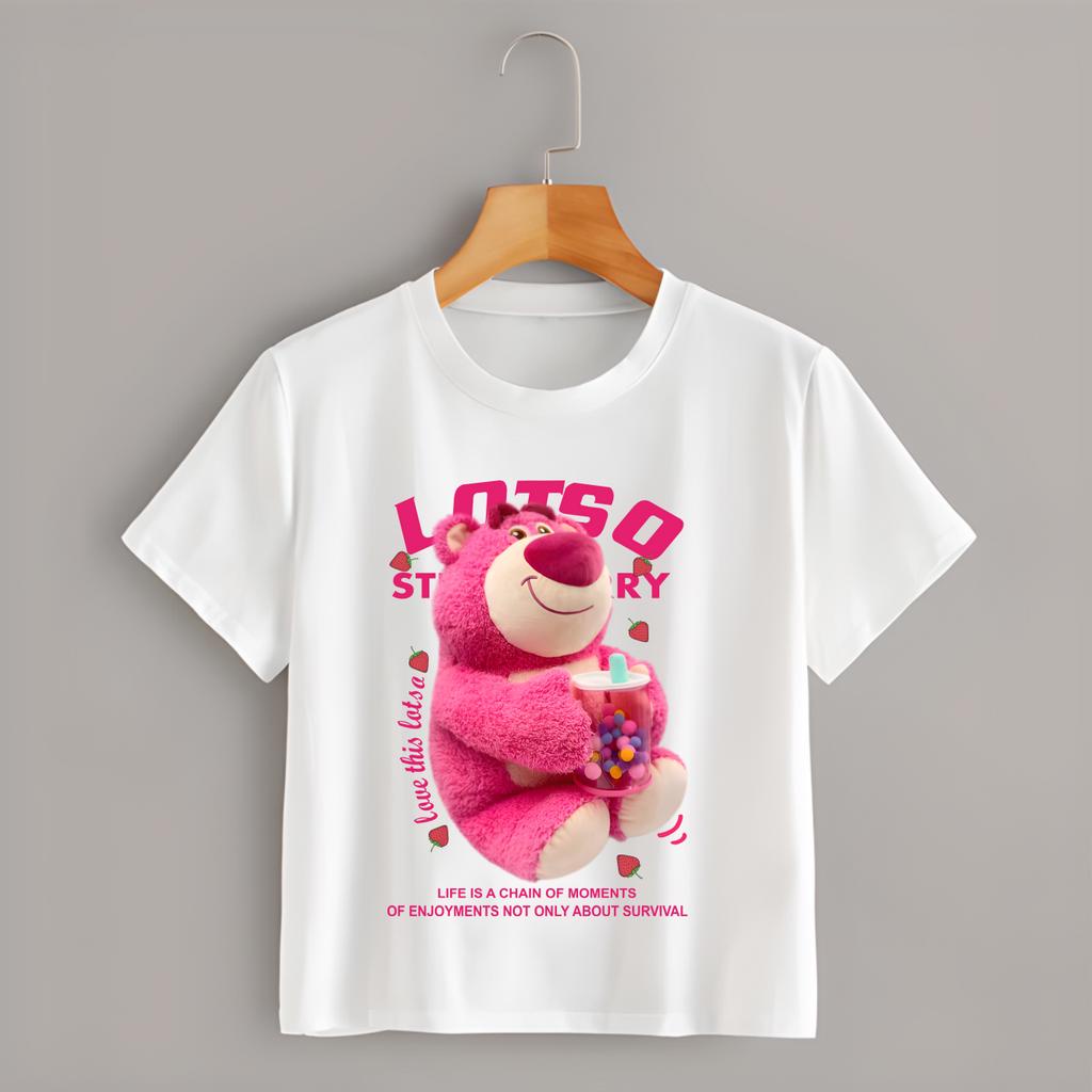 Áo Thun Gấu Dâu Lotso Bear Màu Trắng Đủ Size Cho Bé Trai Bé Gái