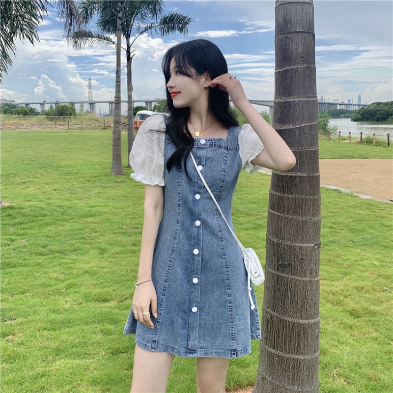 Chân váy jean Đầm dài tay phồng ngắn cổ vuông phong cách Đầm Denim Cổ Vuông Tay Phồng Ngắn Dáng Ôm Thời Trang Hàng Mới Dành Cho Bạn Nữ 2022