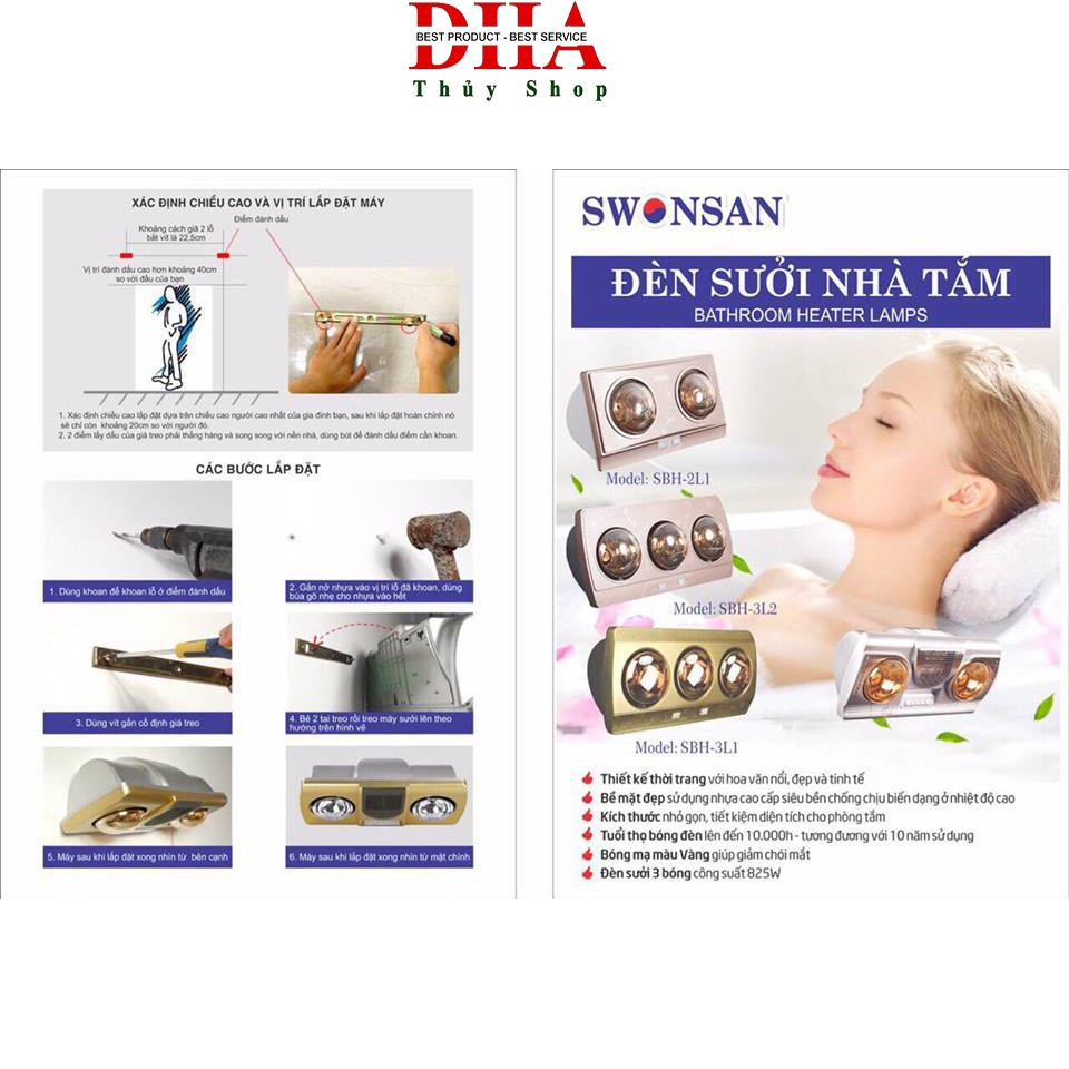 ĐÈN SƯỞI NHÀ TẮM SWONSAN 2 BÓNG SBH2-L1 - BẢO HÀNH CHÍNH HÃNG 5 NĂM