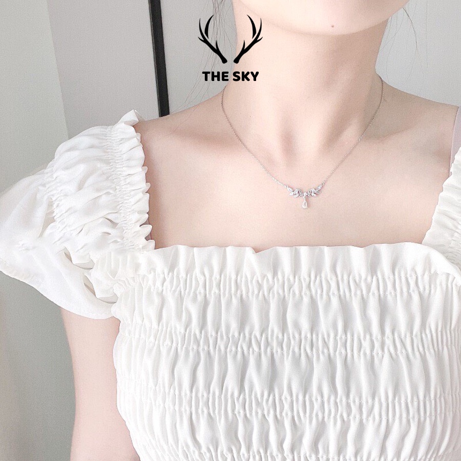 Dây chuyền bạc DC1017 sợi mảnh kèm mặt hình Cành Lá Giọt Lệ đính đá, vòng cổ nữ hàng thiết kế xinh xắn trẻ trung
