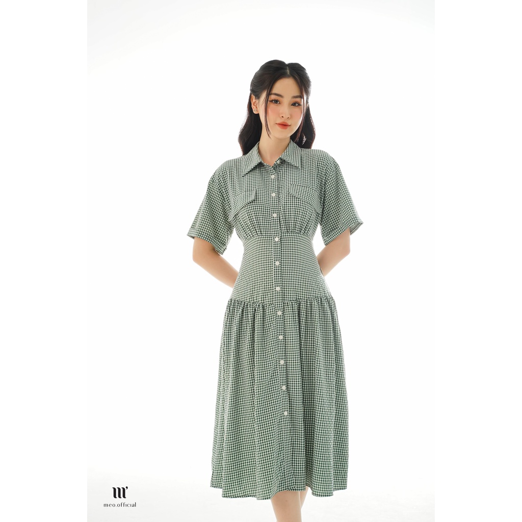 Đầm nữ Méo shop váy liền cổ sơ mi ngắn tay kẻ dáng xuông phong cách công sở Meila