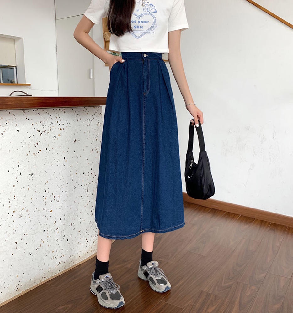 Chân Váy Jean Chữ A Lưng Cao 50277 Phong Cách Hàn Quốc Mới