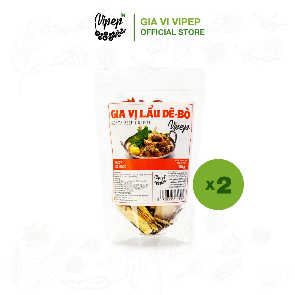 Combo 2 gói gia vị nấu lẩu bò, dê Vipep 115g - gia vị ninh hầm quý hiếm (kỷ tử, đại táo, hạt sen, hoài sơn, đảng sâm..)