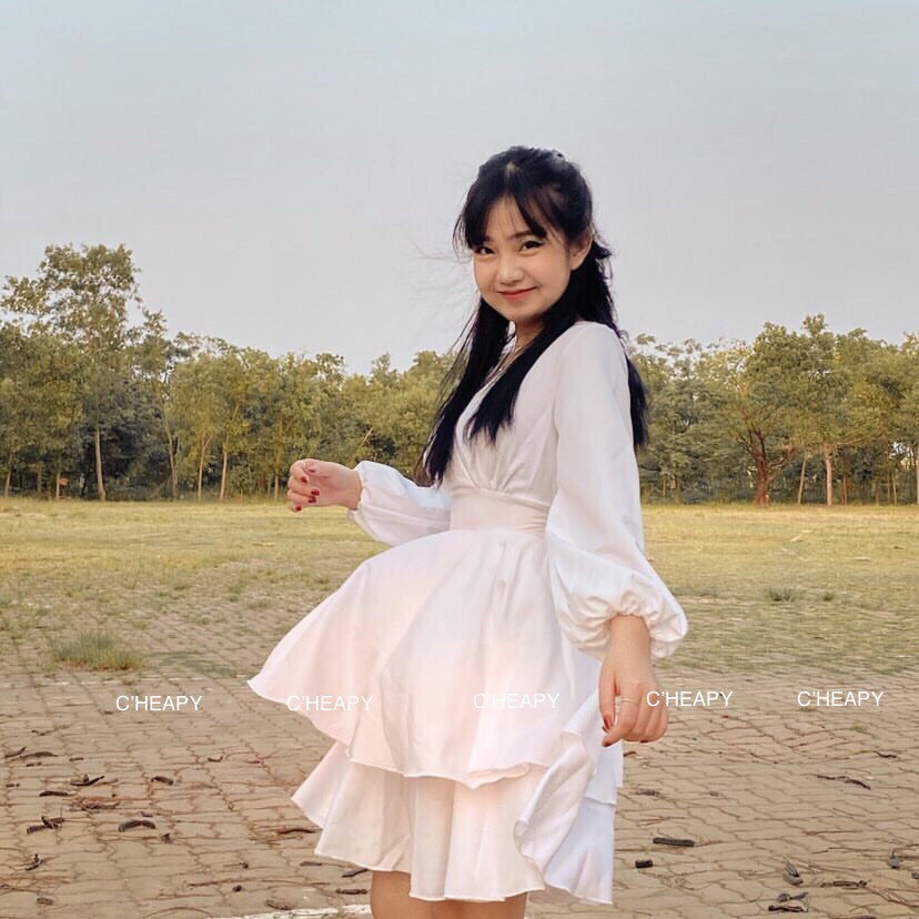 Váy voan trắng xếp ly nhăn Vintage MORAN dáng dài cổ V thun eo nhẹ nhàng tiểu thư Hàn Quốc