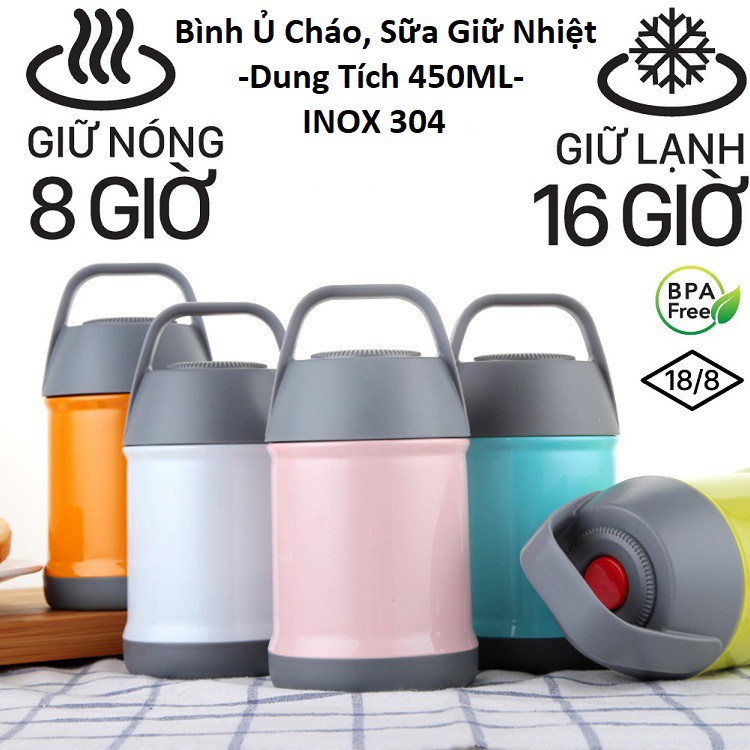 Bình Ủ Sữa, Cháo Giữ Nhiệt Cho Bé - Nấu Cháo Chậm - Lõi Inox 304 Dày Dặn Cách Nhiệt Kép - Phích Giữ Nhiệt K105 450ml