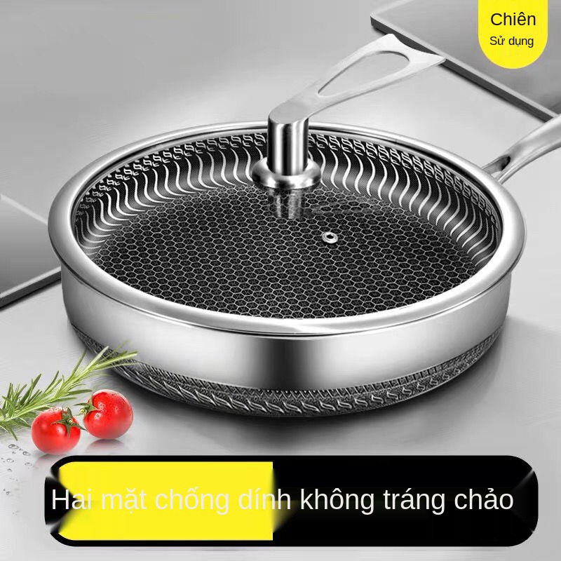 ☊✸Chảo inox 316, chống dính, không tráng phủ, khói, pancake, chiên trứng, bít tết <