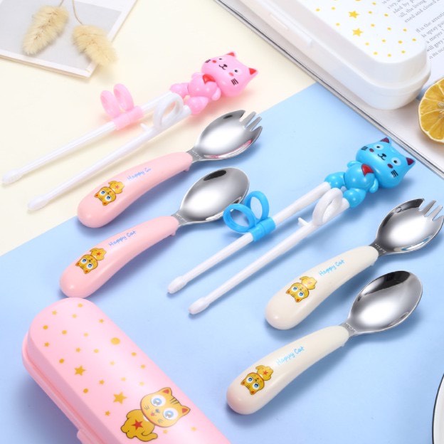 Thìa nĩa đũa tập xúc, đũa tập gắp kèm hộp xịn xò cho bé