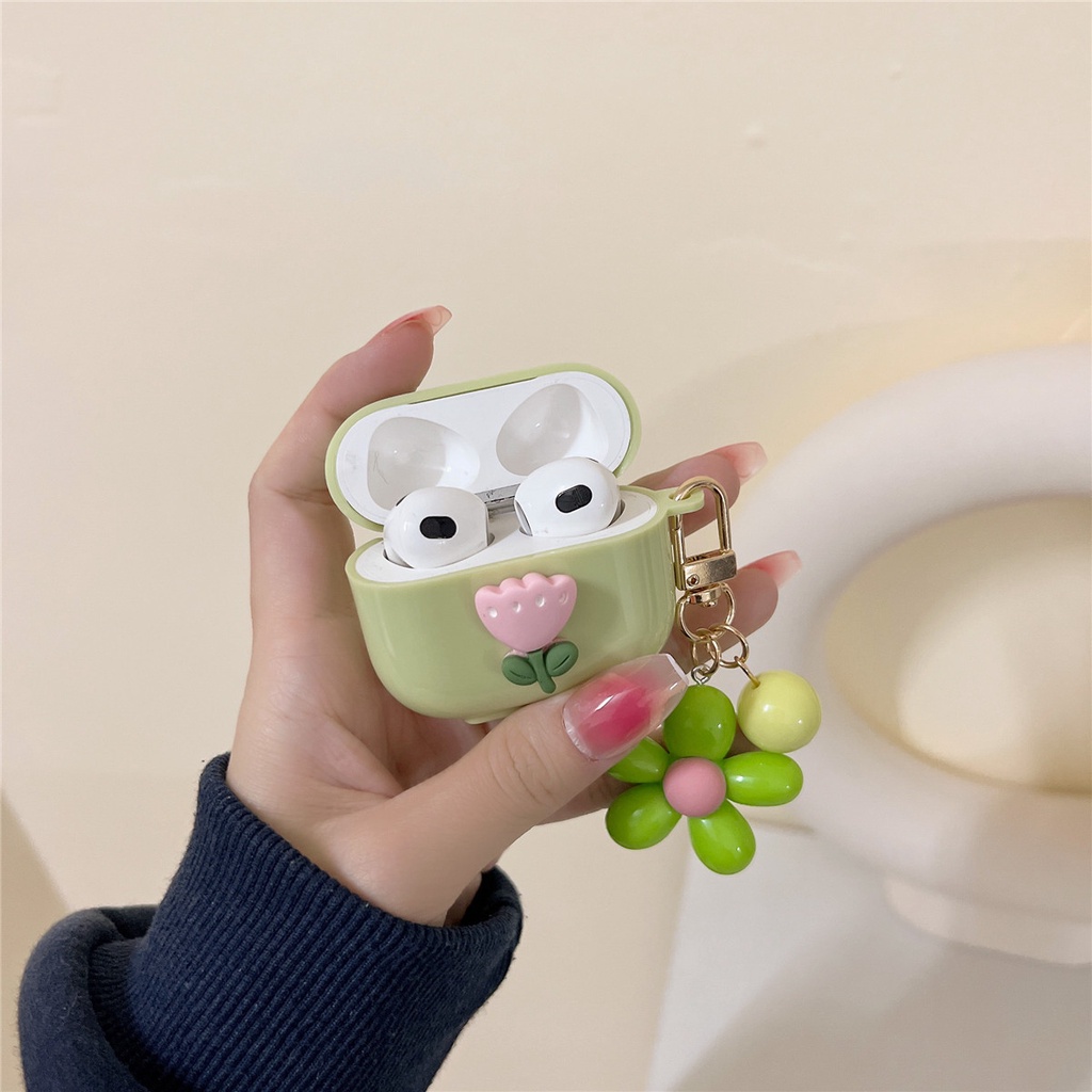 Vỏ Bảo Vệ Hộp Sạc Tai Nghe AirPod 1/2/3 Pro 1/2/3 Bằng Silicon Họa Tiết Hoa Màu Xanh Lá Đơn Giản