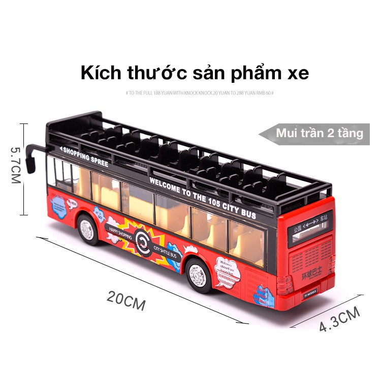 Đồ chơi mô hình xe bus 2 tầng mui trần KAVY có nhạc và đèn chạy cót bằng kim loại bền bỉ, xe thăm quan du lịch thành phố