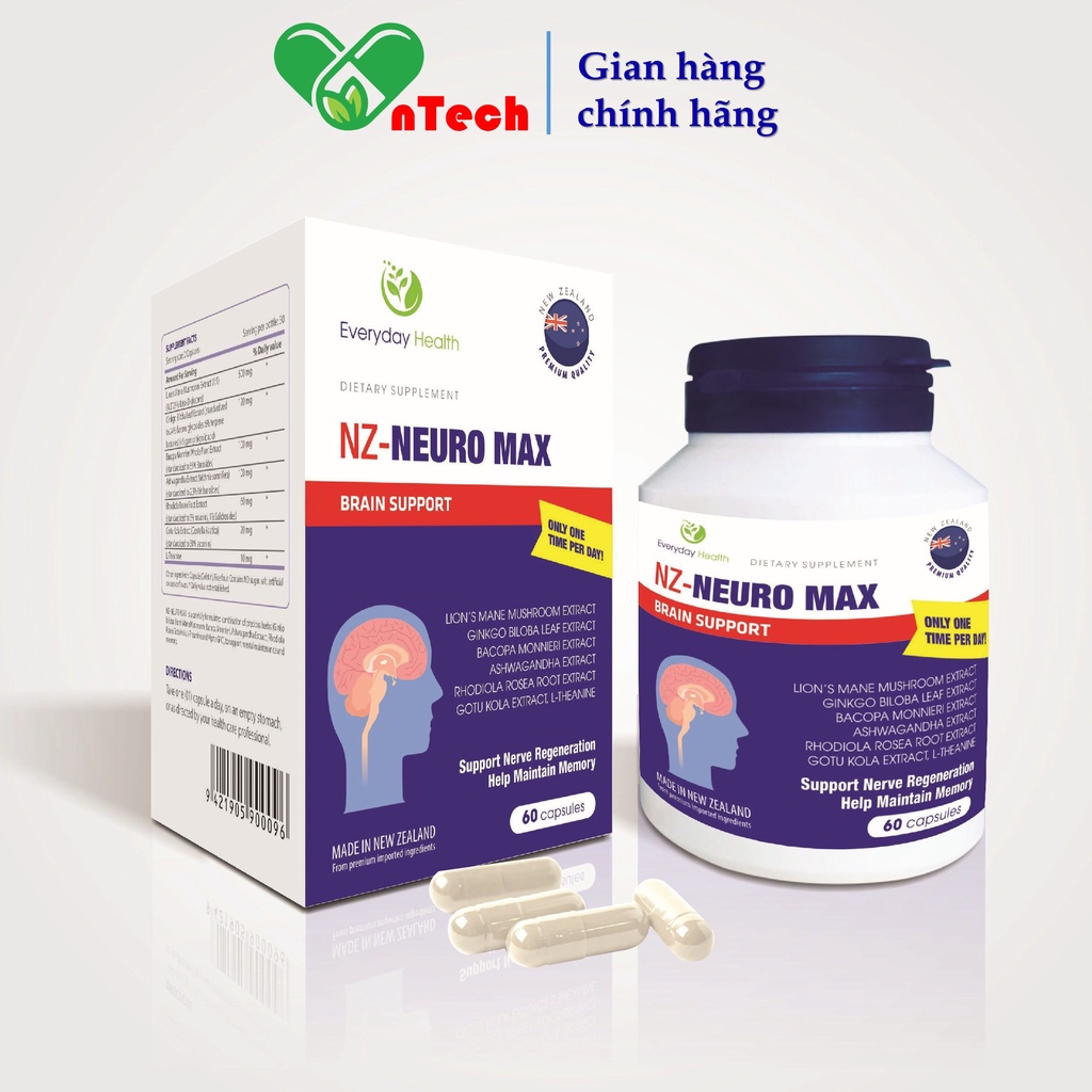 Viên uống bổ não Everyday Health NZ - NEURO MAX tăng cường tuần hoàn não cải thiện trí lực và thị lực hộp 60 viên