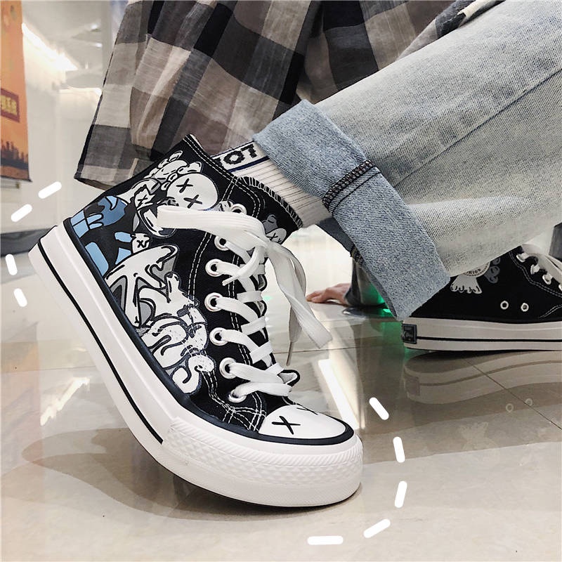 Giày thể thao vải canvas cổ cao in họa tiết graffiti phong cách Hàn Quốc thời trang mùa xuân 2020 mới cho nam