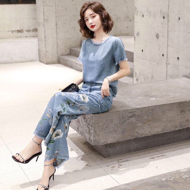Set jean nữ cao cấp thiết kế phối hoa trẻ trung năng động QCNP1866