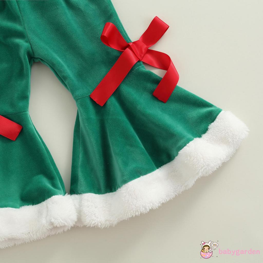 Set áo nhung tay dài + quần ống loe + mũ + thắt lưng phong cách giáng sinh cho bé gái