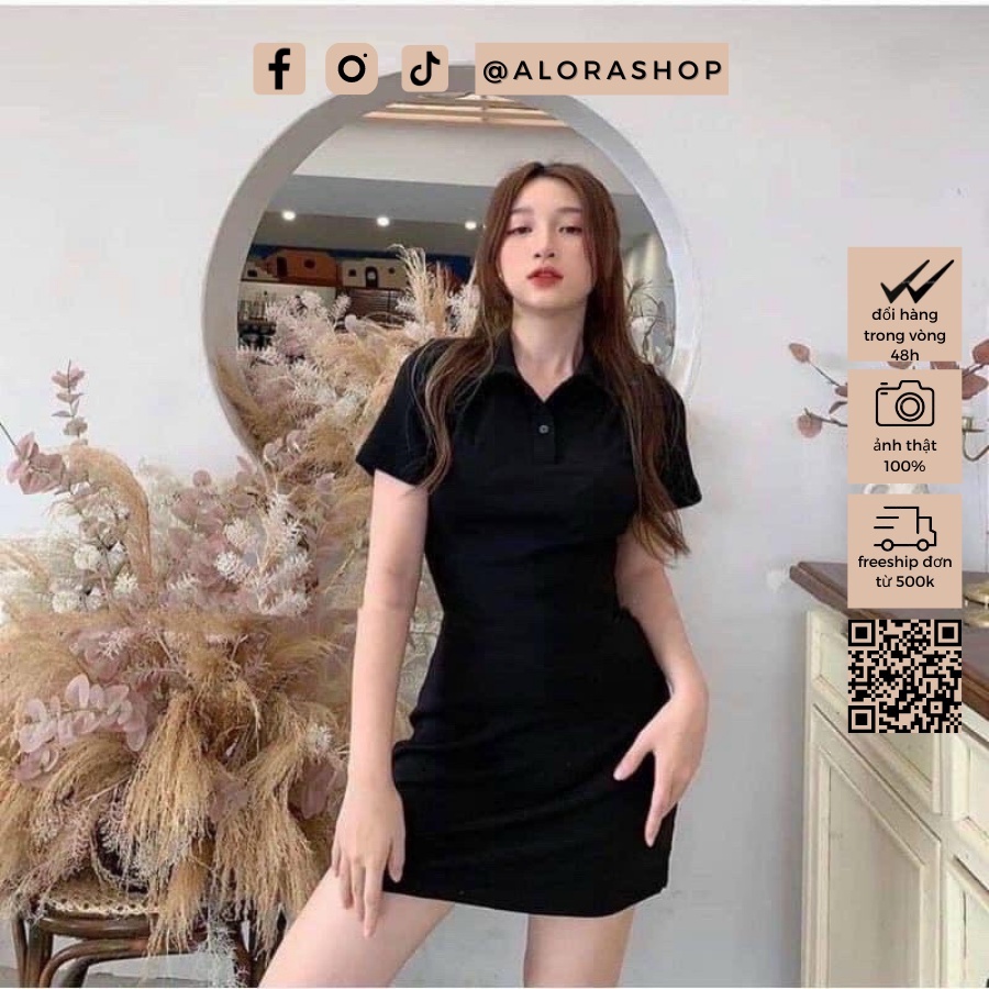 Váy nữ polo, đầm nữ cổ bẻ chất cotton zip dáng ôm ngắn tay hồng, đen freesize thời trang nữ Alora | BigBuy360 - bigbuy360.vn