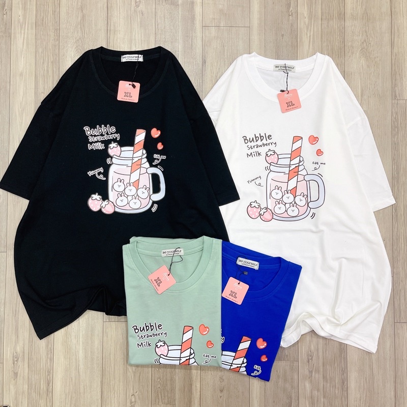 Áo Thun PHÔNG NAM NỮ UNISEX IN DECAL DÂU THỎ TRÀ SỮA - Hình chụp thật