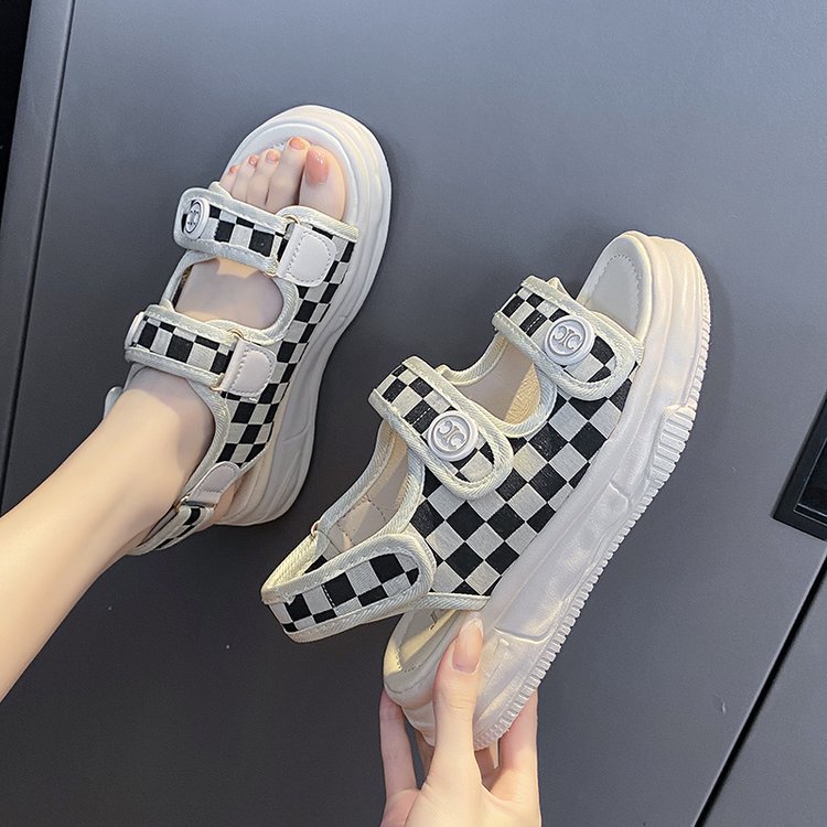 Giày Sandal Vải Canvas Dày 5cm Cột Dây Cổ Thấp Thời Trang Mùa Hè Hàn Quốc 2022 Cho Nữ