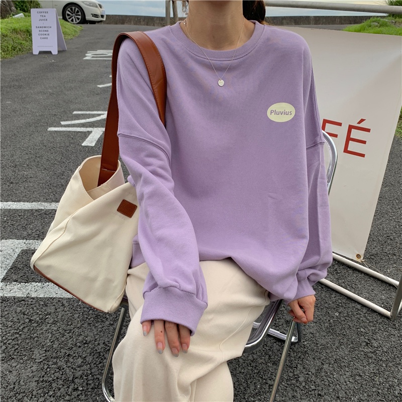 Áo nỉ dài tay cổ tròn dáng rộng in chữ phong cách Hàn Quốc mới