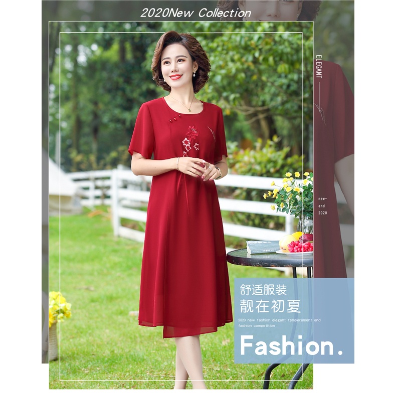 Đầm Dài Qua Gối Tay Ngắn Màu Xanh Navy Phong Cách Phương Tây Thời Trang Mùa Hè Cho Phụ Nữ Trung Niên 2022