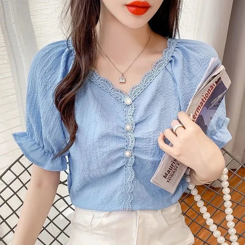 Áo Sơ Mi chiffon Tay Ngắn Cổ v Thời Trang Mùa Hè Cho Nữ