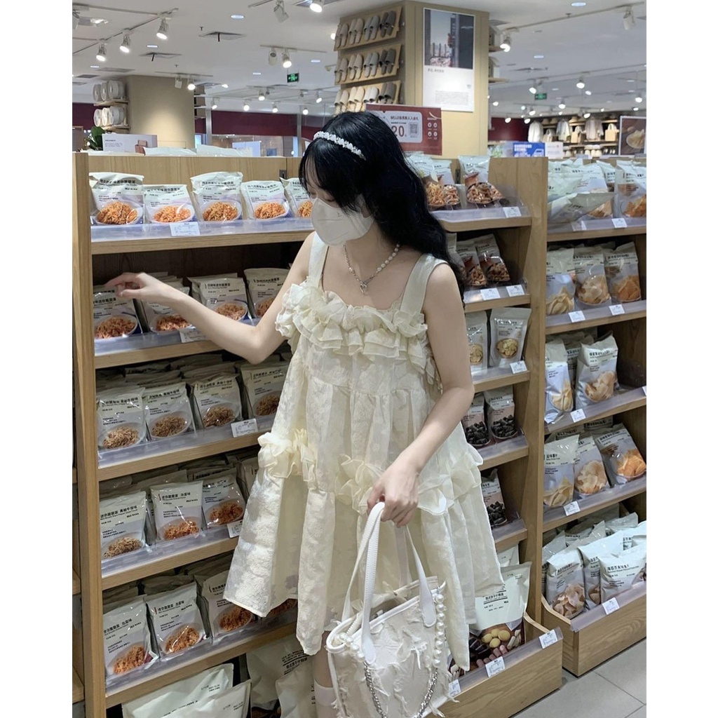 Váy Hoa Bèo Vai Hai Dây, Lớp Vải Dày Dặn, Chất Vải Mịn Mát, Hàng Shop, Hot Trend, Đi Picnic, Biển Xinh