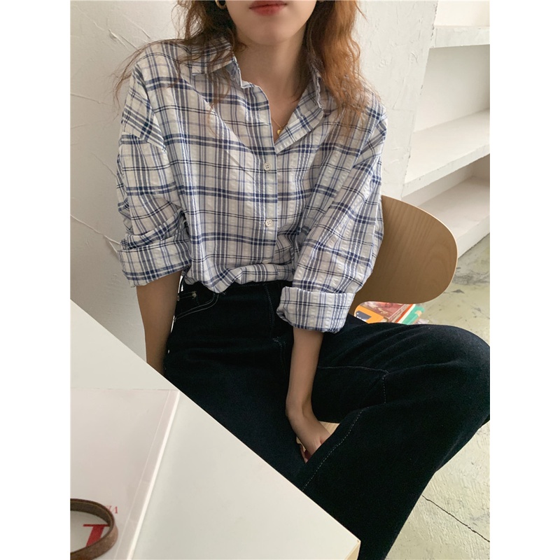 Áo sơ mi tay dài kẻ sọc caro thời trang dành cho nữ 45929