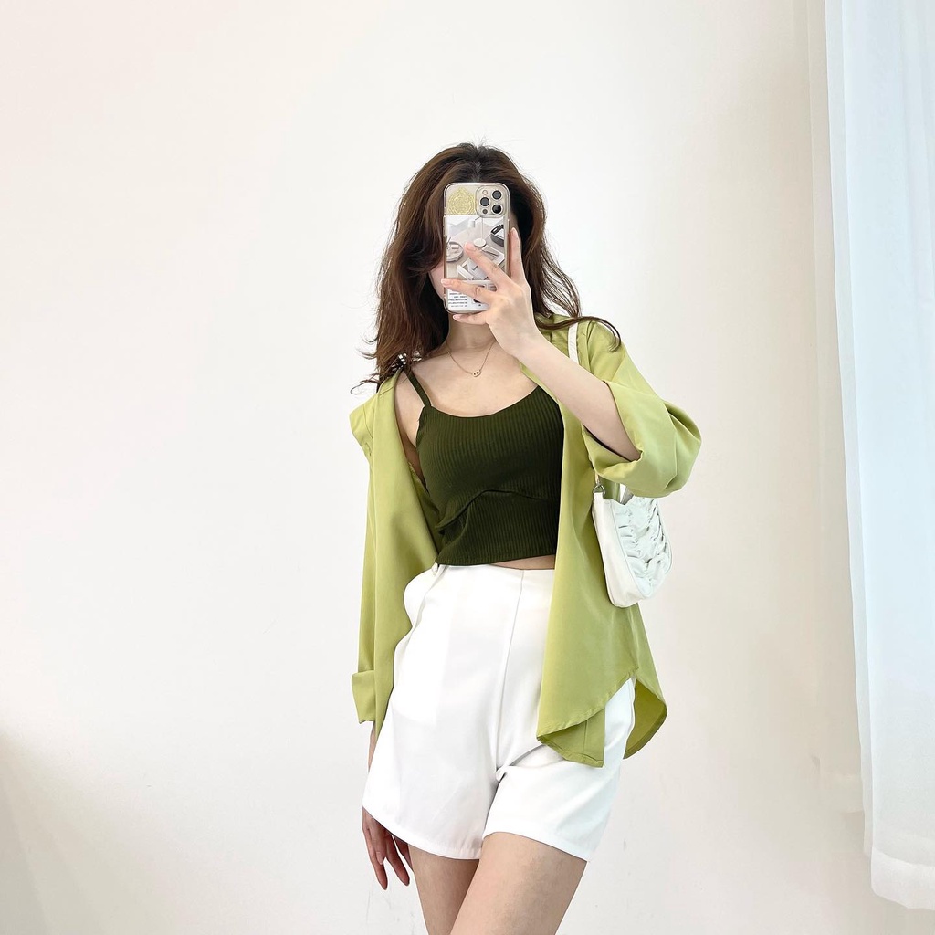 Set 3 chi tiết xanh lá trendy 2022, áo 2 dây len tăm, quần vải dày dặn, áo sơ mi thô mềm