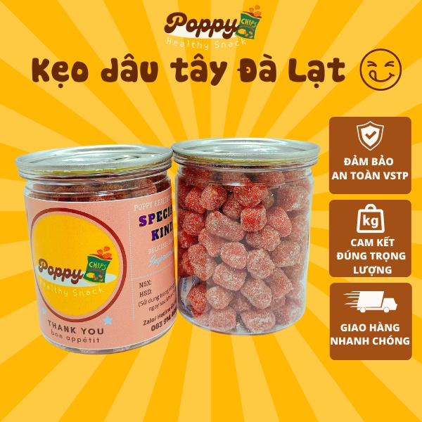 Kẹo dâu tây Đà Lạt, hũ zip cao cấp 400g, đồ ăn vặt POPPY ngon và sạch