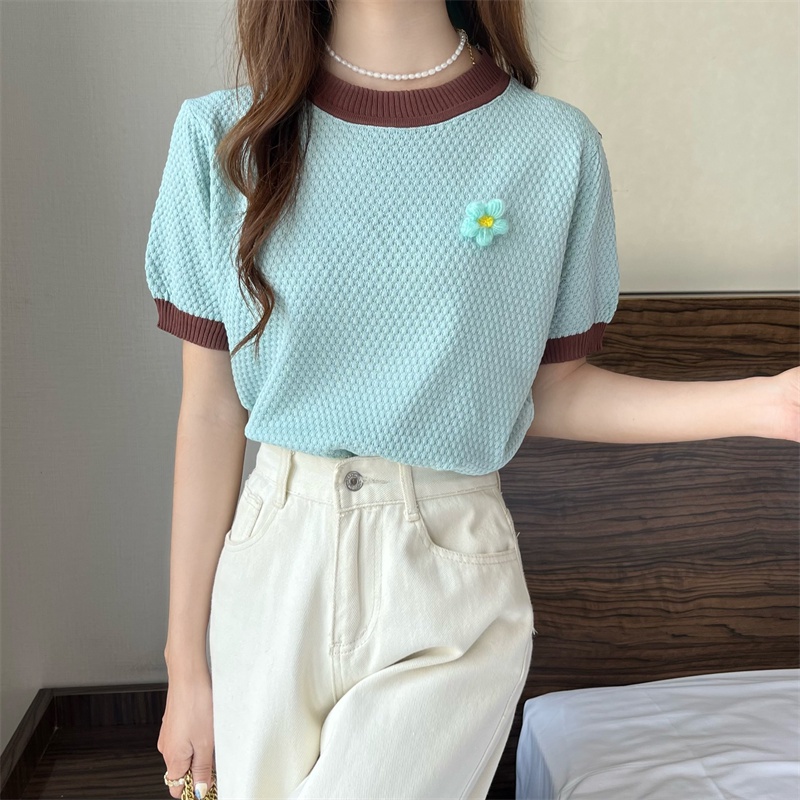 Áo thun dệt kim ZHELIHANGFEI tay ngắn thêu hoa xinh xắn thời trang