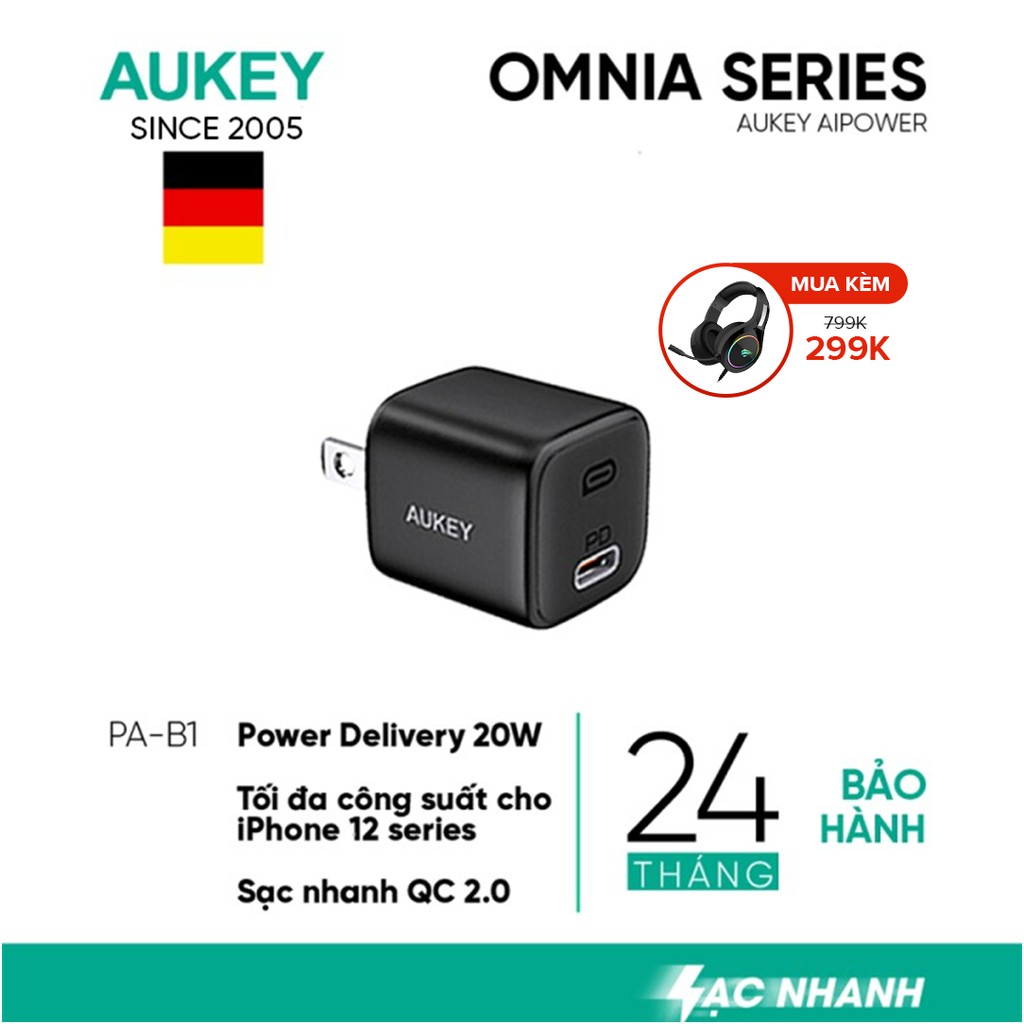 Cốc Sạc Nhanh 20W Omnia Aukey PA-B1, Sạc Nhanh 2 Trong 1 PD 20W + QC 18W-Hàng Chính Hãng