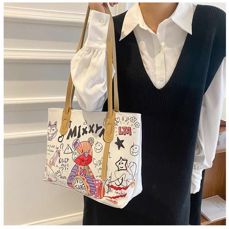 Túi công sở nữ tote da pu để vừa A4 kẹp nách đeo vai in hình gấu đi học đi chơi giá rẻ đẹp