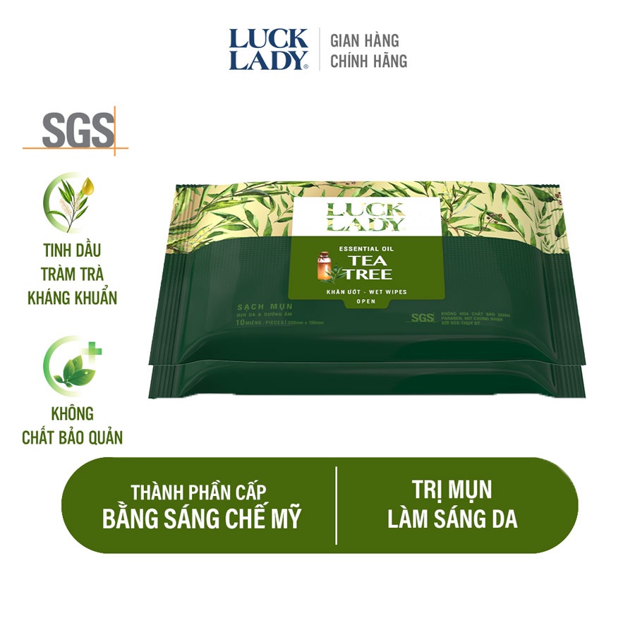 Khăn ướt ngừa mụn, mềm mịn da Luck Lady Tea Tree 10 tờ/gói - Combo 2 gói