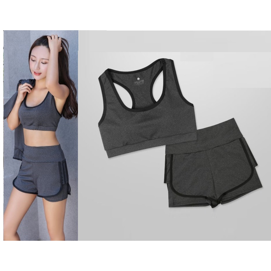 Bộ Đồ Tập GYM YOGA Nữ Thun Lạnh 2 Món Bra Có Đệm Mút &amp; Quần Đùi 2 Lớp GYM FASHION