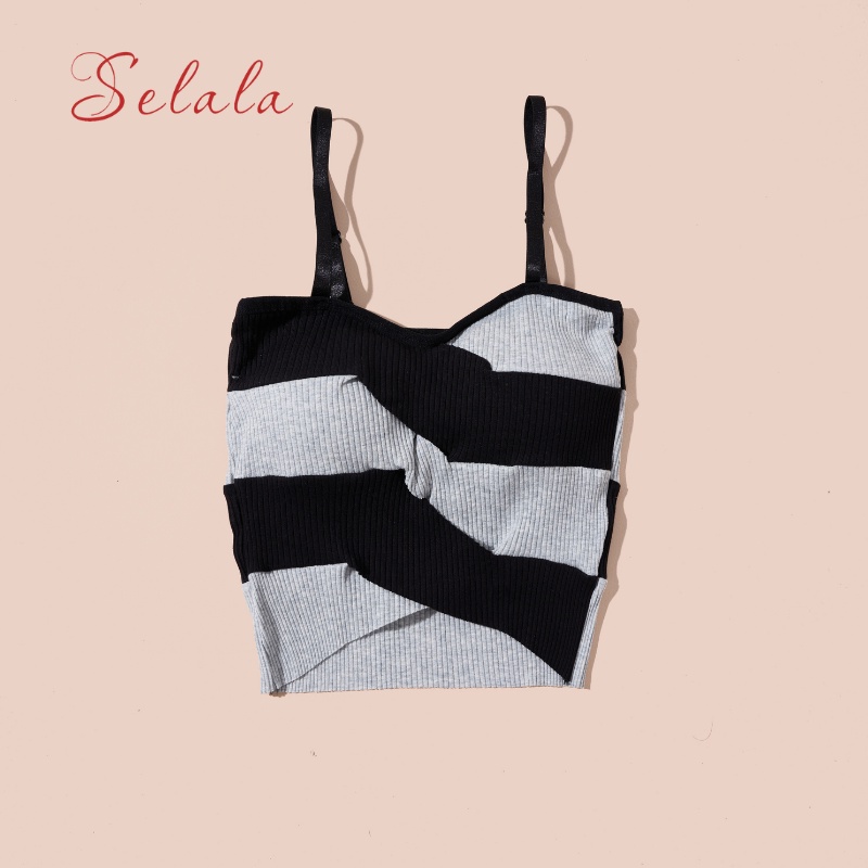 Áo 2 Dây Selala Gân Tăm Phối Sọc Ngang Dáng Ôm Có Sẵn Đếm 2D20