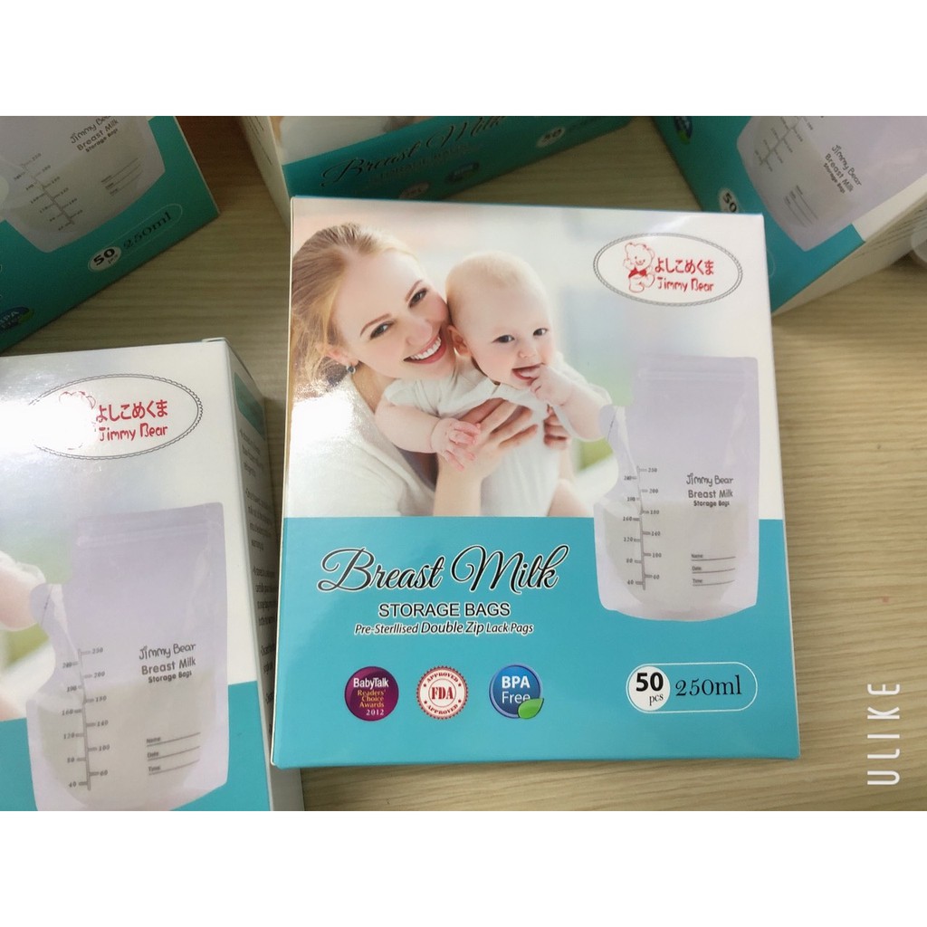 [Mã 267FMCGSALE giảm 8% đơn 500K] Túi trữ sữa Jimmy Bear 250ml, Hộp 50 túi ( khóa 2 zip, có vòi đổ sữa )