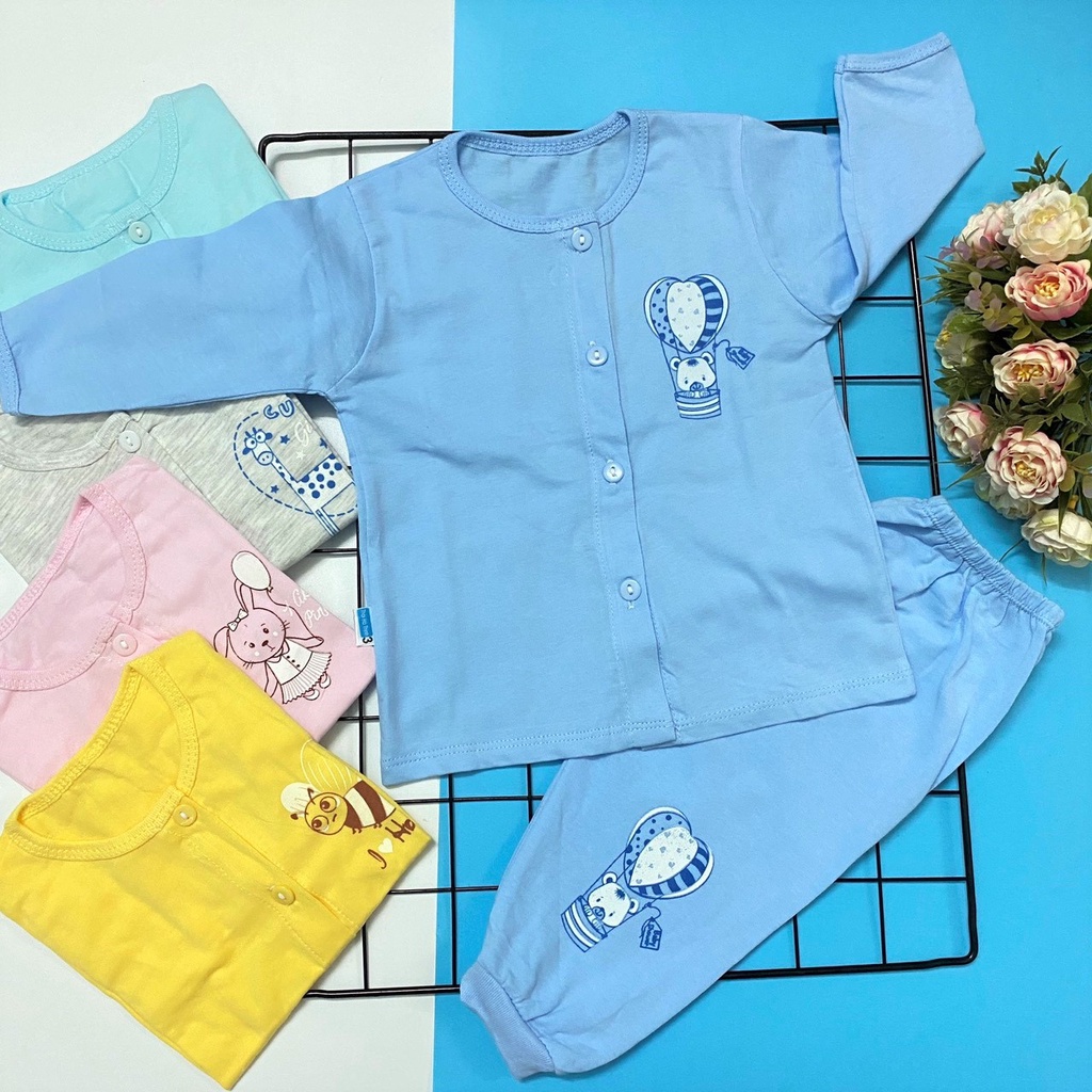 Bộ quần áo sơ sinh cotton Thái Hà Thịnh | Mẫu Tay Dài Màu Cài Giữa | Size 1-5 cho bé sơ sinh - 12kg | Quần áo trẻ em