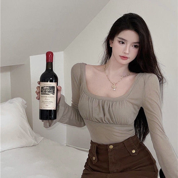 COZOK Áo Thun Tay Dài Cổ Vuông Dáng Ôm Thời Trang Quyến Rũ Cho Nữ