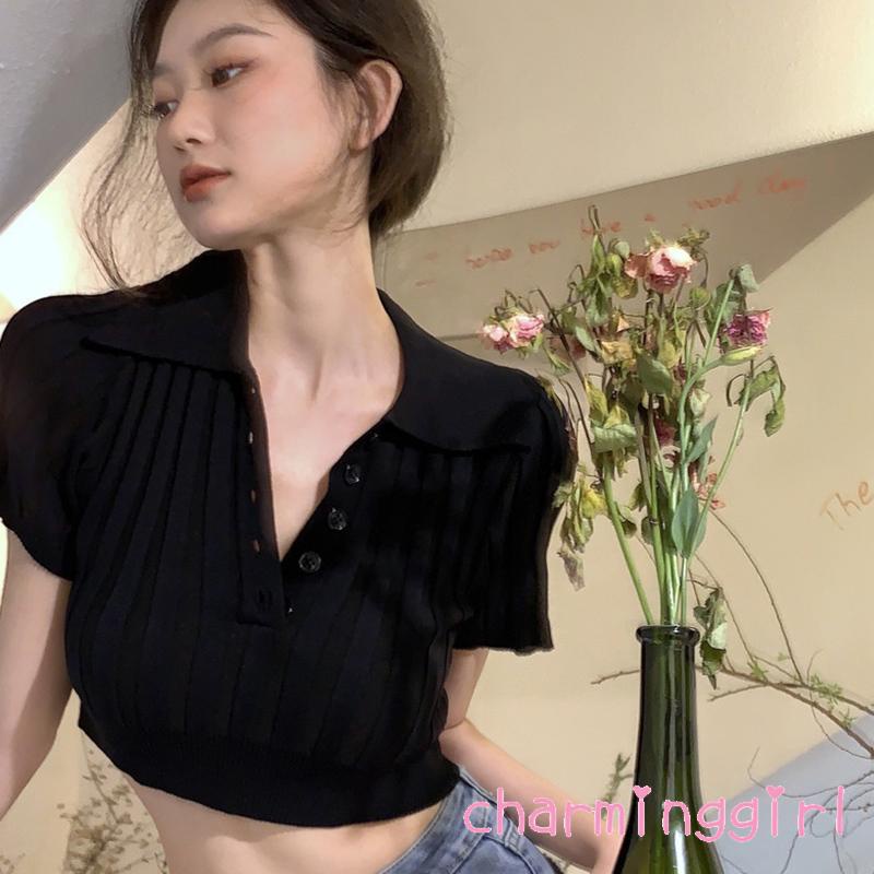 Áo Croptop Tay Ngắn Cổ Bẻ Cài Nút Màu Sắc Trơn Thời Trang Cho Nữ