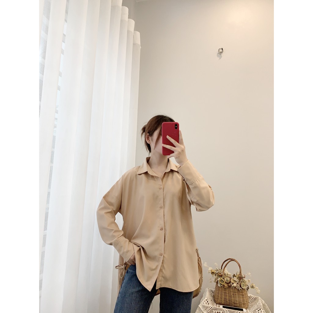 áo sơmi freesize vạt đuôi tôm 2 màu nâu, trắng (ảnh thật/hàng sẵn) | BigBuy360 - bigbuy360.vn