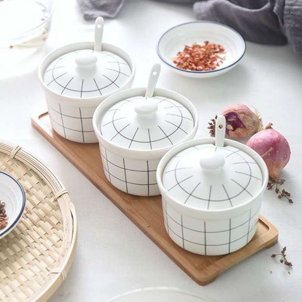Bộ hũ đựng gia vị sọc kẻ caro đế gỗ phong cách Bắc Âu cao cấp