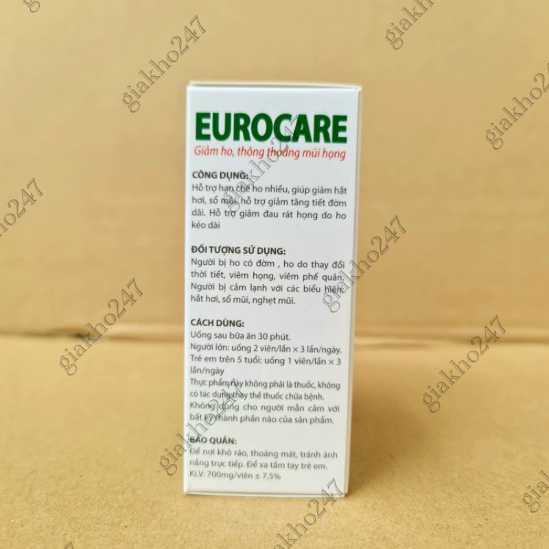 Eurocare - Giảm ho, thông thoáng mũi họng - Hộp 100 viên