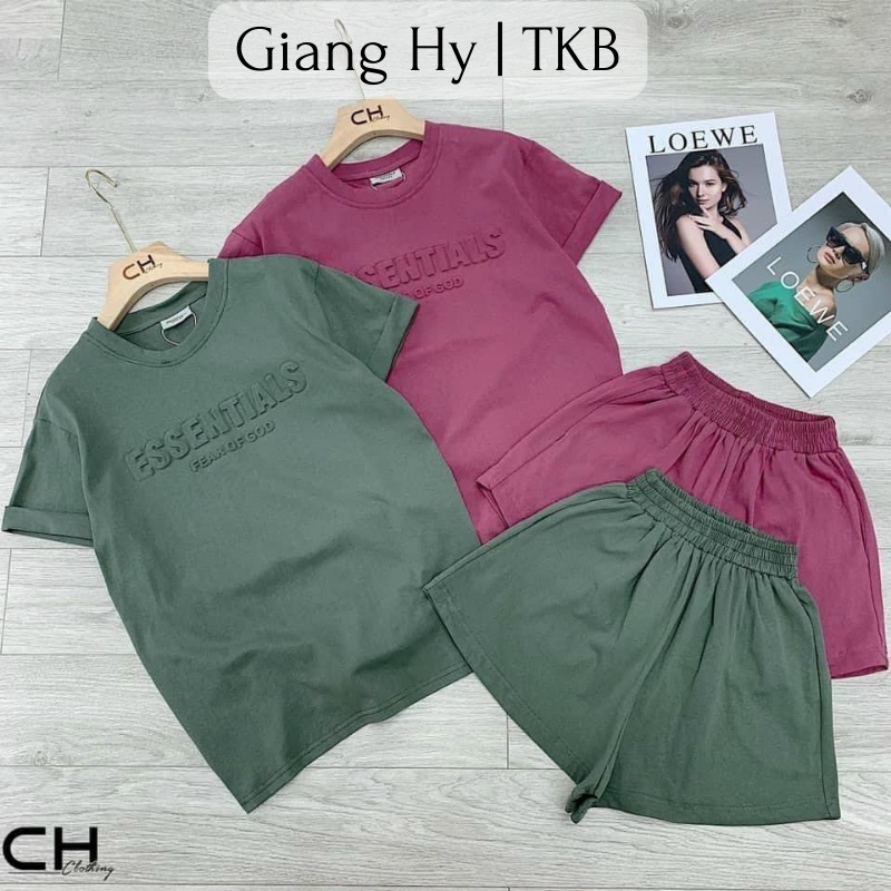 Set đồ nữ đi chơi, set bộ nữ mặc nhà Es.sen.tials cao cấp chất cotton tàu co giãn, áo in cao su nổi sịn sò