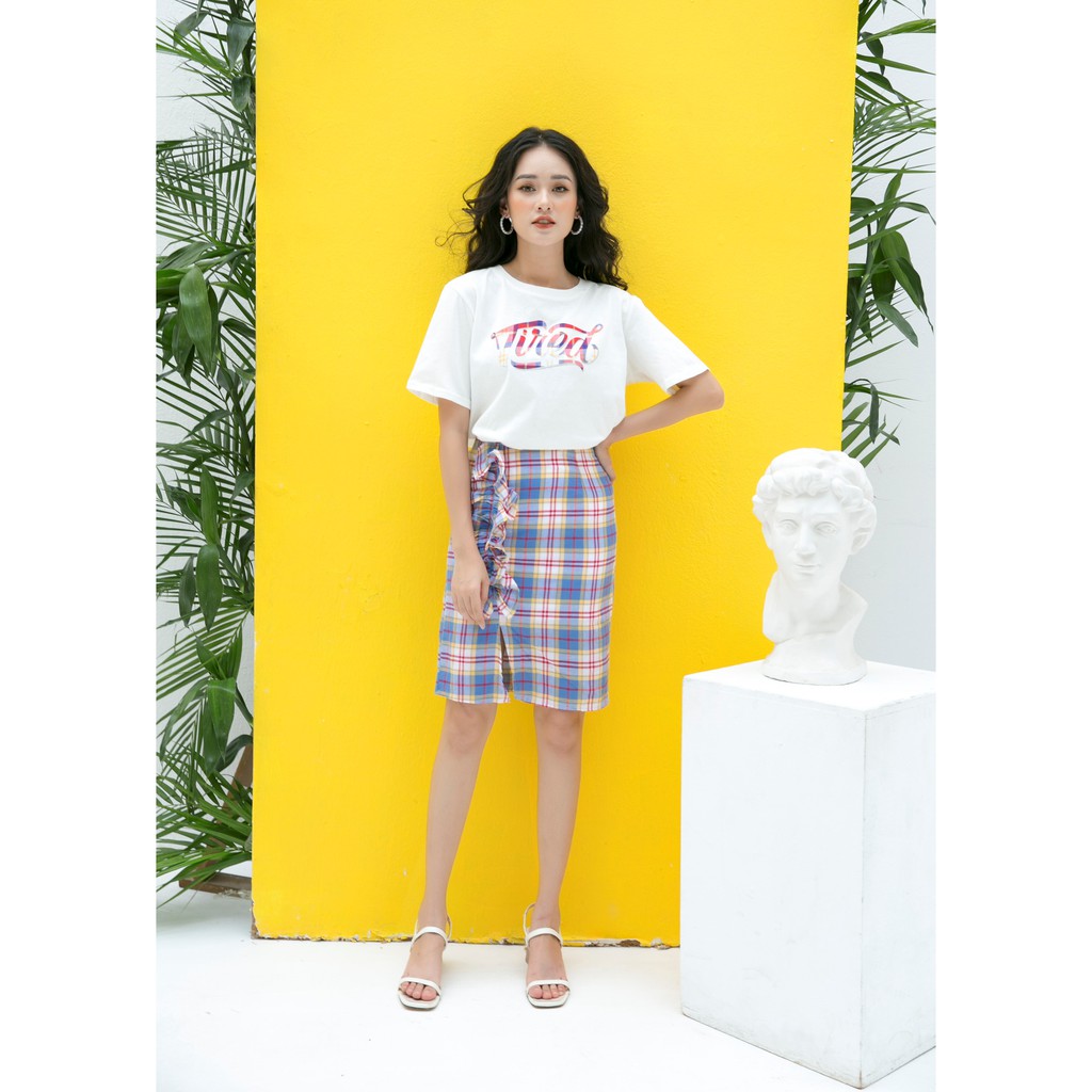 [Mã FASHIONIFU200 giảm 0.4 đơn 449k] Chân váy ôm kẻ phối nơ xếp IFU 2474 xanh đỏ | BigBuy360 - bigbuy360.vn