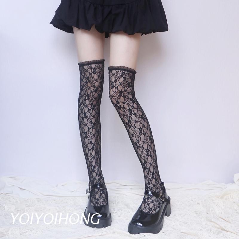 Đôi vớ dài qua gối phối ren hoa phong cách Lolita dễ thương cho nữ