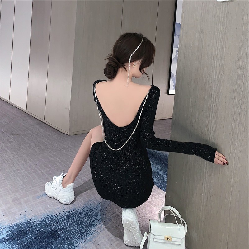 ●﹍Khí chất gợi cảm váy hai dây lớn nữ thần quạt eo xích giảm béo bó sát hông lấp lánh mùa đông triều ་