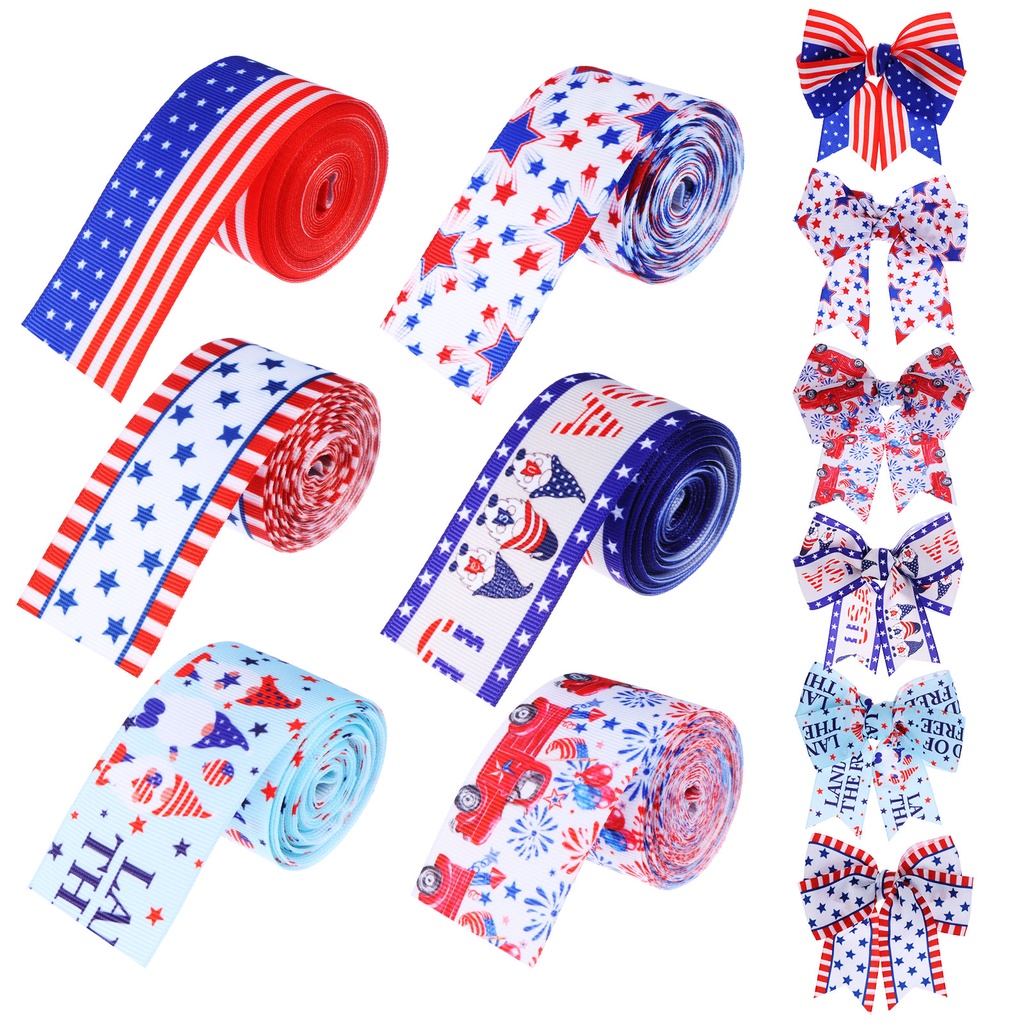 [threegoodstonesgen 0609] 6 Roll Independence Day Ribbons 1.5 Inch Red White Blue Patriotic Ribbon USA Fla