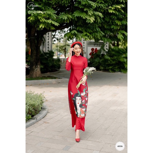 ÁO DÀI GẤM TẾT IN HÌNH CÔ GÁI ĐEO KÍNH HOT NHẤT THỊ TRƯỜNG