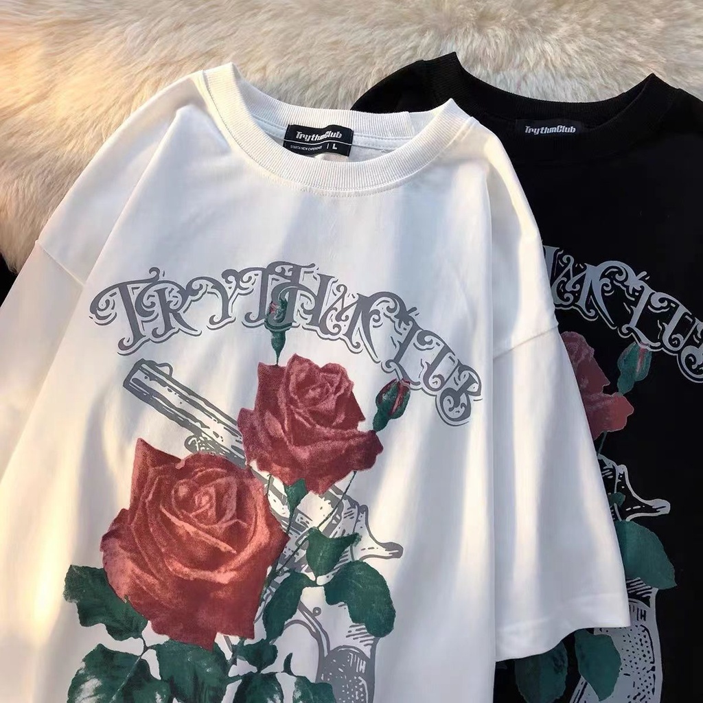 Jiashucheng Áo Thun Tay Ngắn In Hình Hoa Hồng Cao Cấp Phong Cách Đường Phố Mỹ Dễ Phối Đồ Cho Nữ