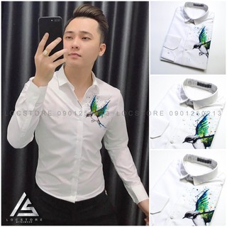 Áo Sơ Mi Nam In Chim Xanh Dài Tay Form Chuẩn, Vải Cotton Lụa, Thoáng Mát, Chống Nhăn